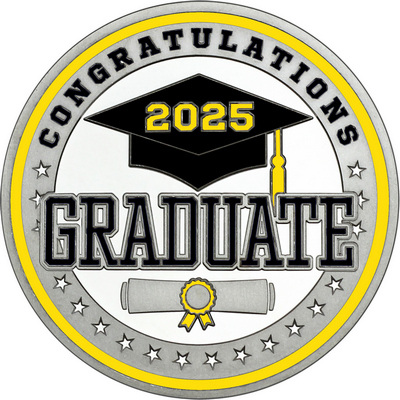 Black "Congratulations Graduate" with Yellow 2025, Rim, Tassel & Ribbon